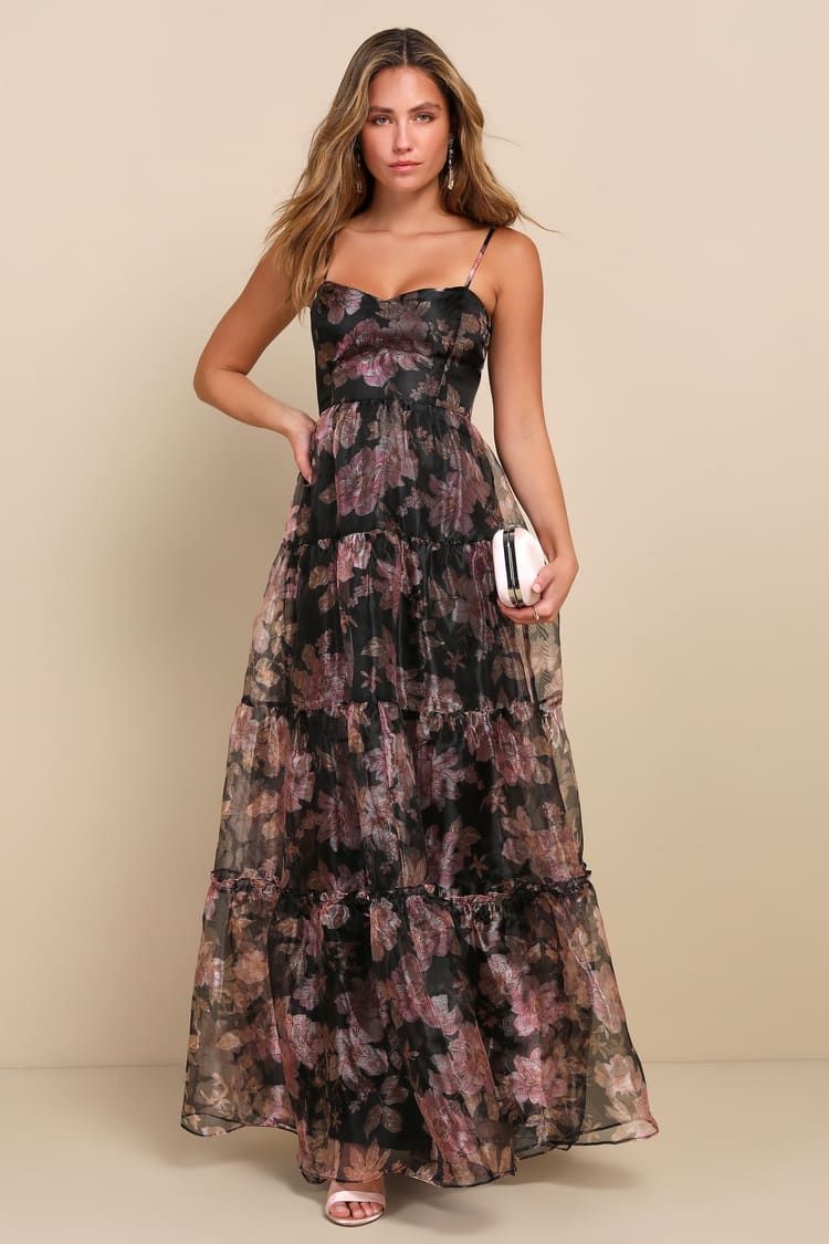 Exclusive Glamour Black Floral Organza Tiered Maxi Dress | Lulus