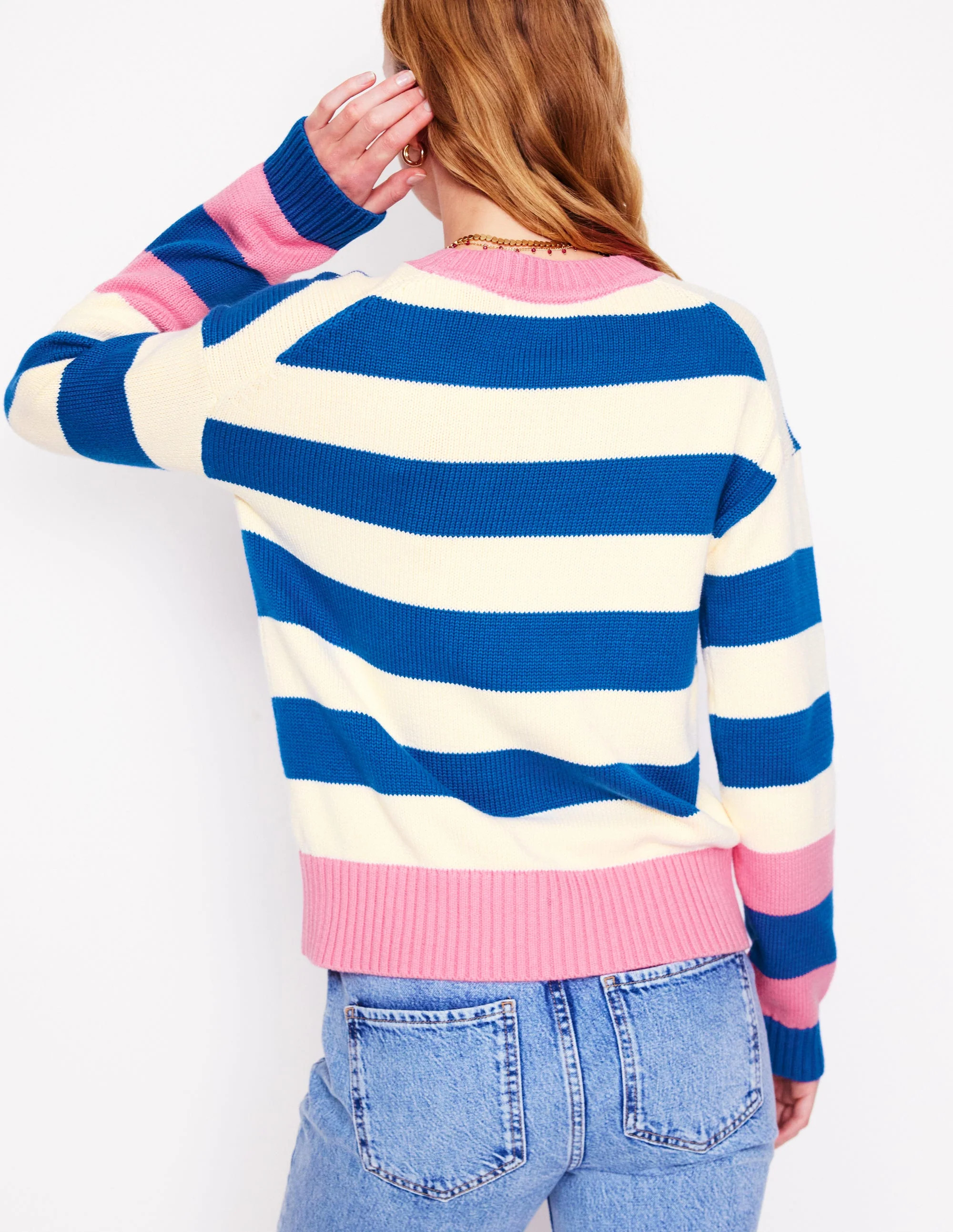 Lucinda Cotton Striped Jumper-Bright Blue, Pink Rose Cuff | Boden UK