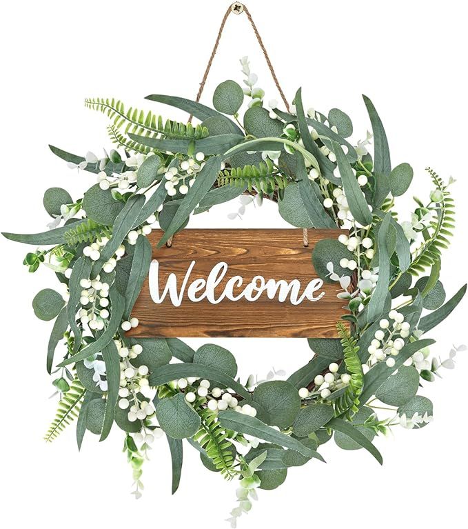 CEWOR 20 Inch Green Artificial Eucalyptus Wreath with Welcome Sign Spring Summer Wreath for Front... | Amazon (US)