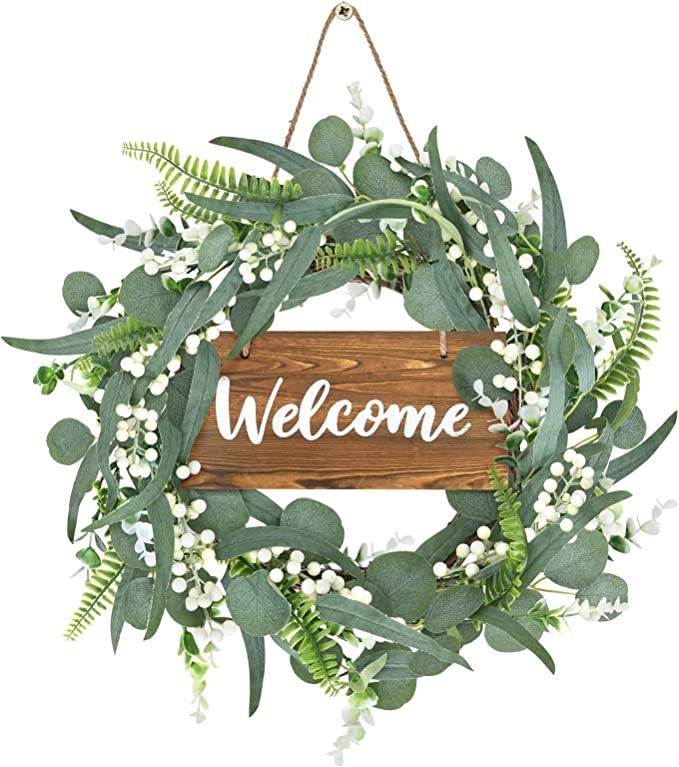 CEWOR 20 Inch Green Artificial Eucalyptus Wreath with Welcome Sign Spring Summer Wreath for Front... | Amazon (US)