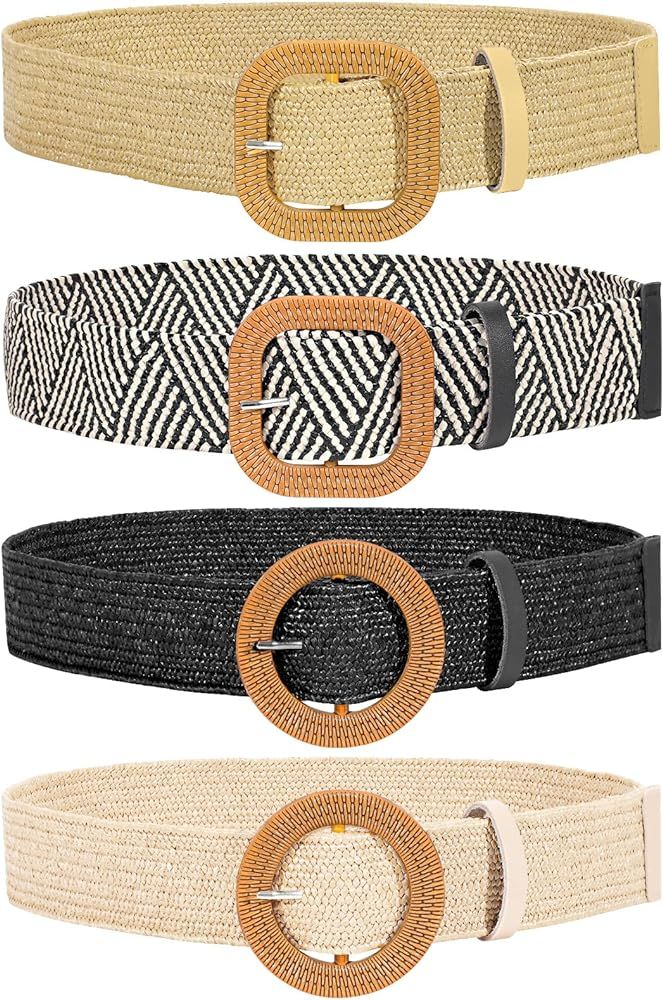 JASGOOD Straw Woven Elastic Stretch Belts Women, Wide Boho Braided Dress Belts with Wooden Style ... | Amazon (US)