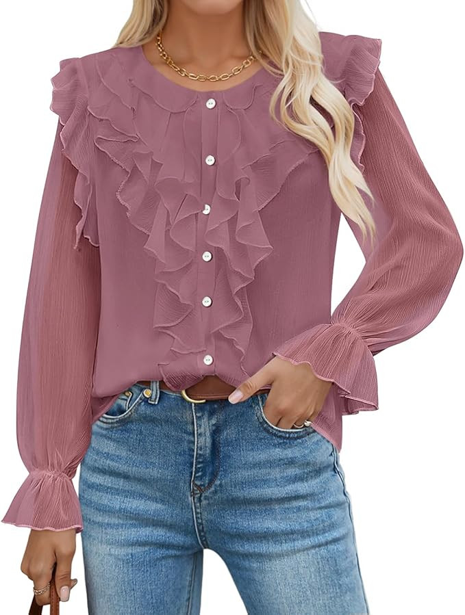 ZESICA Women's Chiffon Dressy Casual Blouses Long Sleeve Button Down V Neck Ruffle Layered Shirts... | Amazon (US)