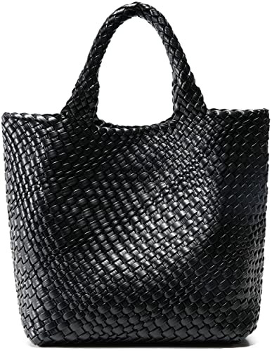 Queenoris Woven Bag for Women, Vegan Leather Tote Bag Large Summer Beach Travel Handbag and Purse Retro Handmade Shoulder Bag (Black) | Amazon (US)