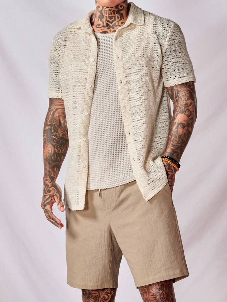 Manfinity Modomio Men Cotton Solid Shirt & Drawstring Waist Shorts & Tank Top , Boho , Vacation , Plain | SHEIN