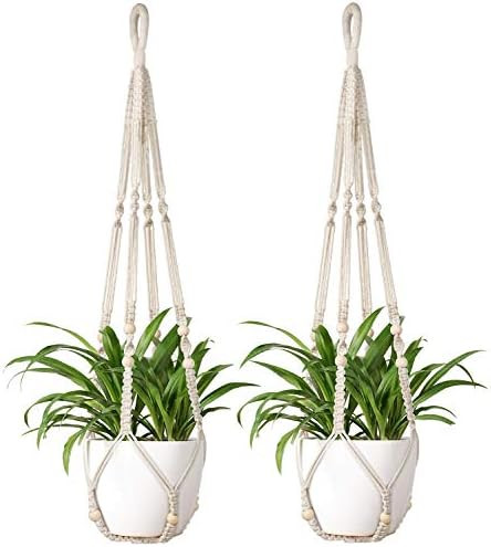 Mkono Macrame Plant Hanger Indoor Hanging Planter Basket with Wood Beads Decorative Flower Pot Ho... | Amazon (US)