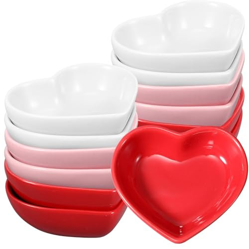 ZCYSRLQIN 12 Pcs Heart Shaped Bowls Ceramic Dip Bowl Plates Multipurpose Salad Appetizer Plates Gifts for Candy Sauce Sushi Dipping Serving Wedding Anniversary Valentine's Day (Pink, White, Red) | Amazon (US)