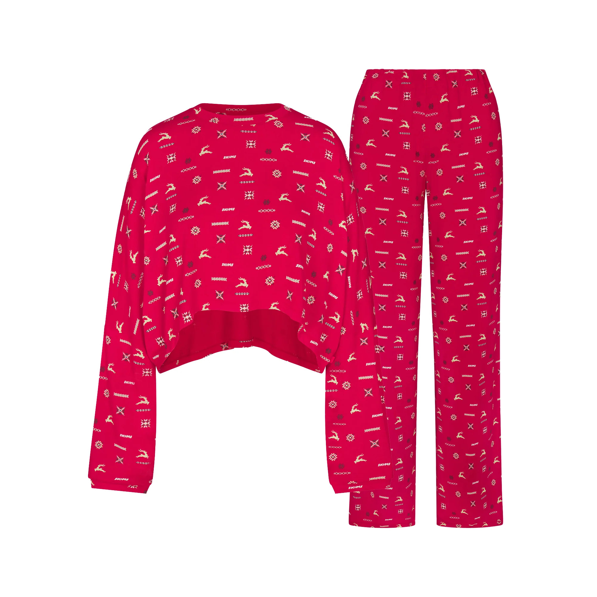 SKIMS SLEEP CROPPED LONG SLEEVE AND PANT SET | CRANBERRY VINTAGE DEER PRINT | SKIMS (US)