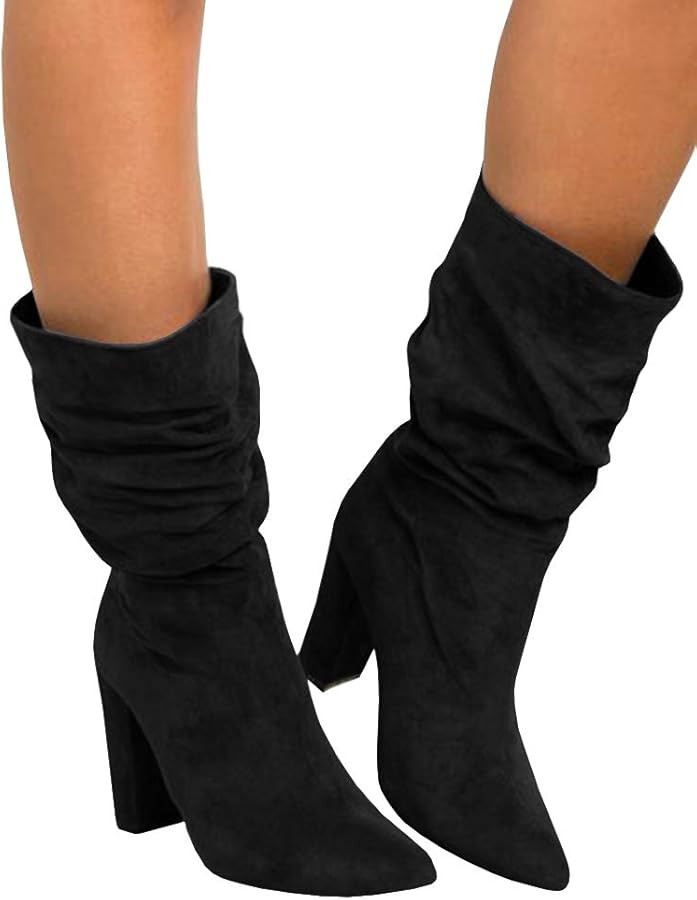 Syktkmx Womens Winter Slouchy High Heel Boots Mid Calf Suede Slip on Chunky Block Pointed Toe Boo... | Amazon (US)