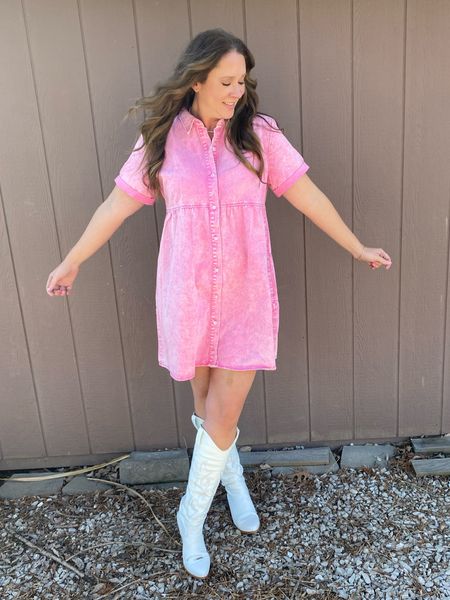 Pink denim dress, western boots, pink outfit, white cowboy boots, Nashville outfit 

#LTKunder50 #LTKFind #LTKstyletip