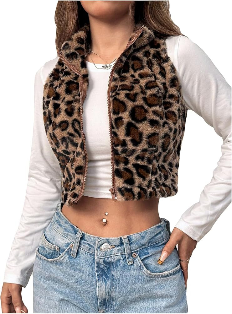 Women's Y2k Leopard Print Cropped Vest Jacket Zip Up Fuzzy Sleeveless Cheetah Outwear | Amazon (US)