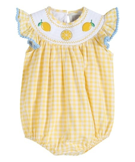 Yellow Gingham Lemon Smocked Angel-Sleeve Bubble Bodysuit - Infant & Toddler | Zulily