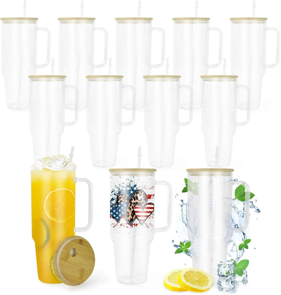 40 oz Glass Tumbler with Handle 12 Pack Sublimation Glass Cups Blanks with Bamboo Lid and Straw R... | Amazon (US)