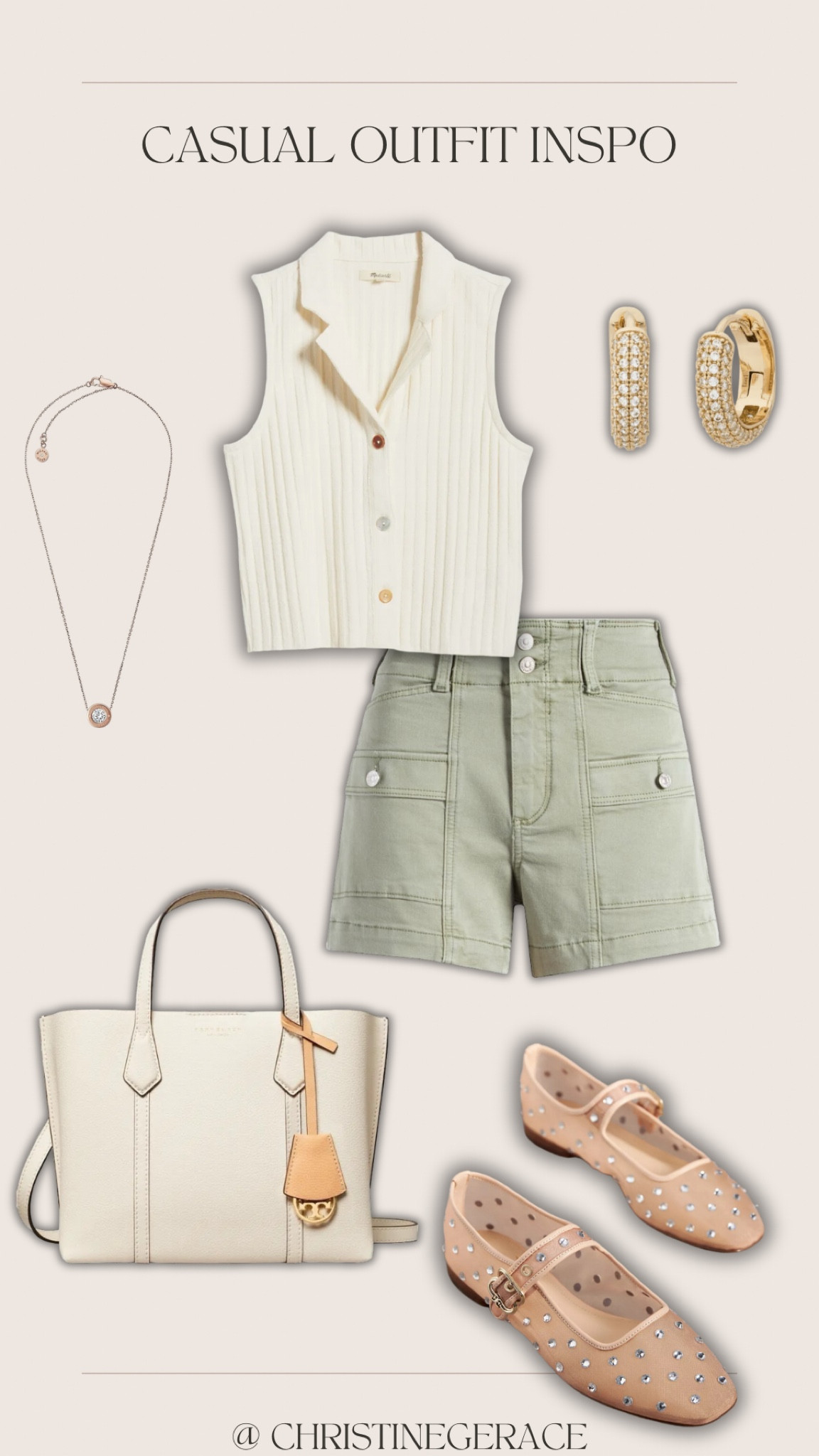 Casual outfit idea ☀️ 
Sleeveless shirt, cargo shorts, necklace, earrings, tote bag, ballet flats 

#LTKFindsUnder100 #LTKFindsUnder50 #LTKStyleTip