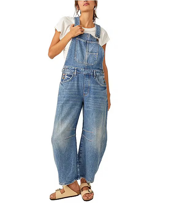 Free People We The Free Good Luck Denim Square Neck Barrel Leg Overalls | Dillard's | Dillard's
