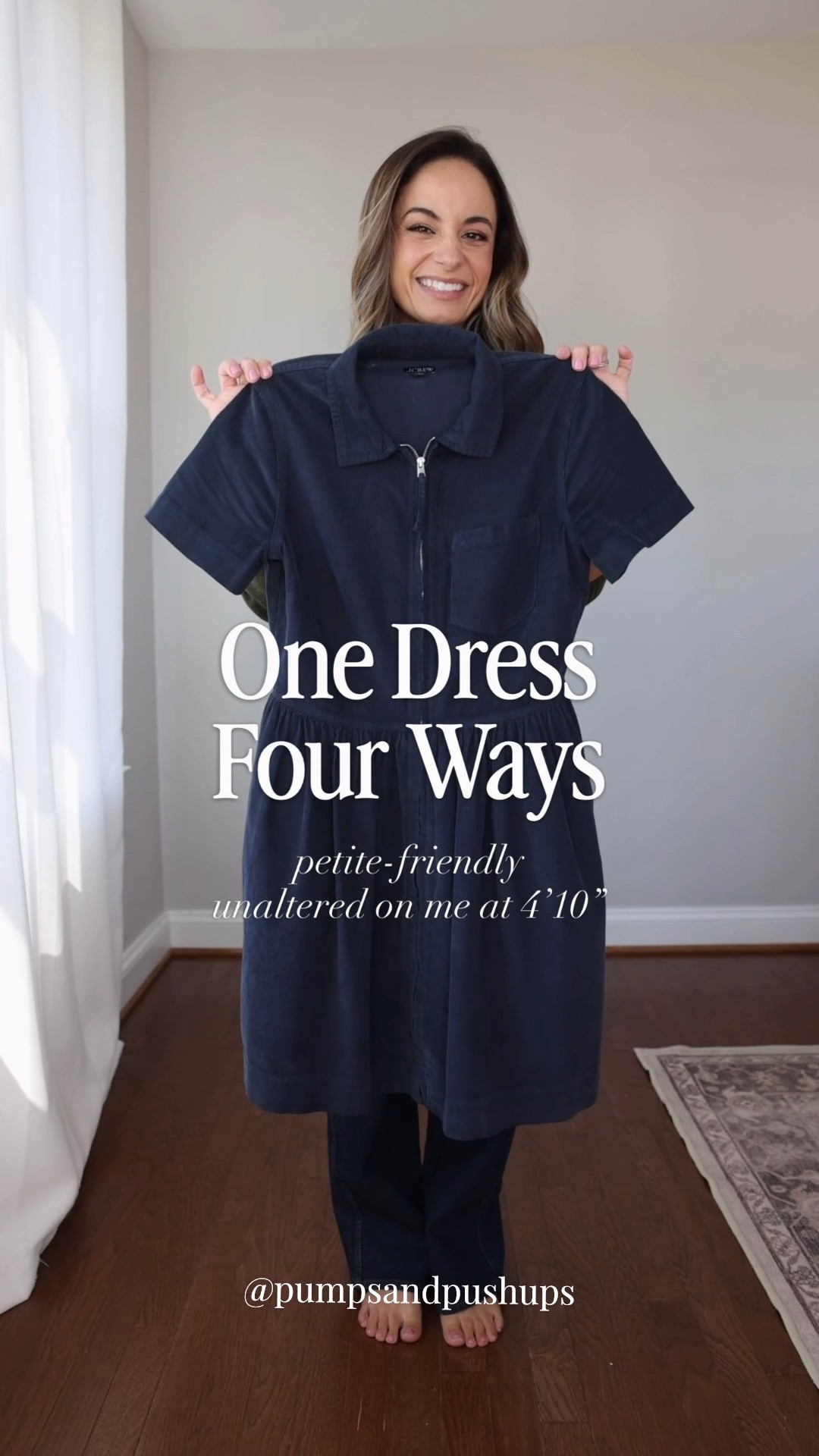 One corduroy dress, four ways to wear it! 

Dress: 00 - also comes in petite! 

Outfit 1 
Flats (Sam Edelman): true to size 
Bag (Madewell) 

Outfit 2 
Boots (Sam Edelman): true to size 15” shaft in a size 5, increases as sizes increase 
Shawl (Sezane): secured with a magnet, linked below 

Outfit 3
Sweater (J.Crew): xxs 
Sneakers (Gola): true to size

Outfit 4
Blazer (J.Crew): petite 00 
Loafers (Sam Edelman): true to size

#LTKPetite