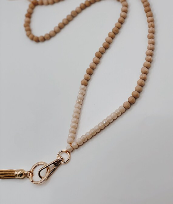 Wood + Champagne Glass Bead Teacher Lanyard, Breakaway Clasp, Rosewood Lanyard, Wood Bead Lanyard... | Etsy (US)