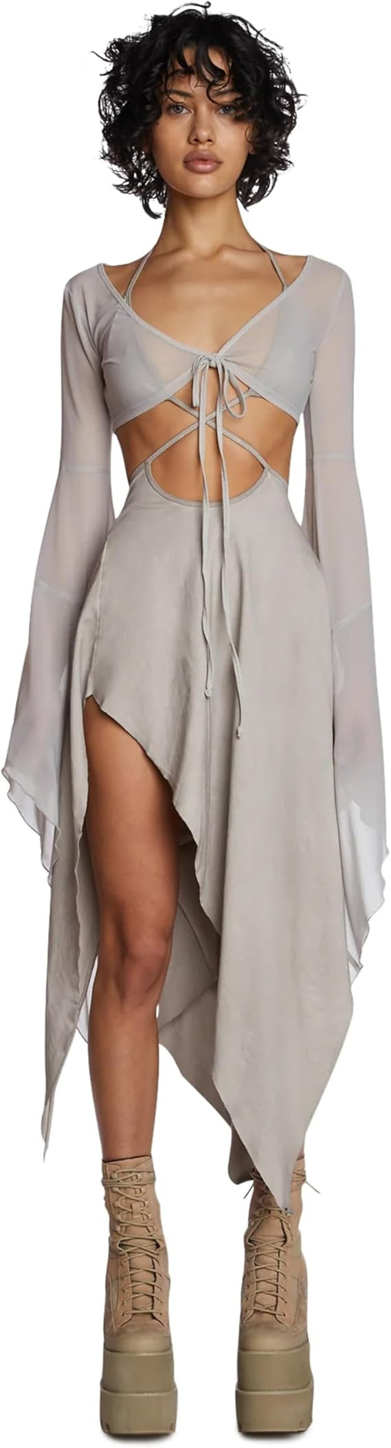 Dolls Kill Echo Asymmetrical Mesh Wrap Dress by Darker WAVS – Semi-Sheer Chiffon and Jersey Dre... | Amazon (US)