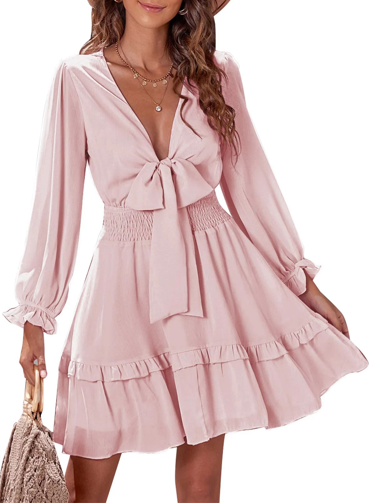 Dokotoo Women's Pink Tiered Chiffon Elegant Mini Dress Spring Deep V Neck Knotted Swing Dresses S... | Walmart (US)