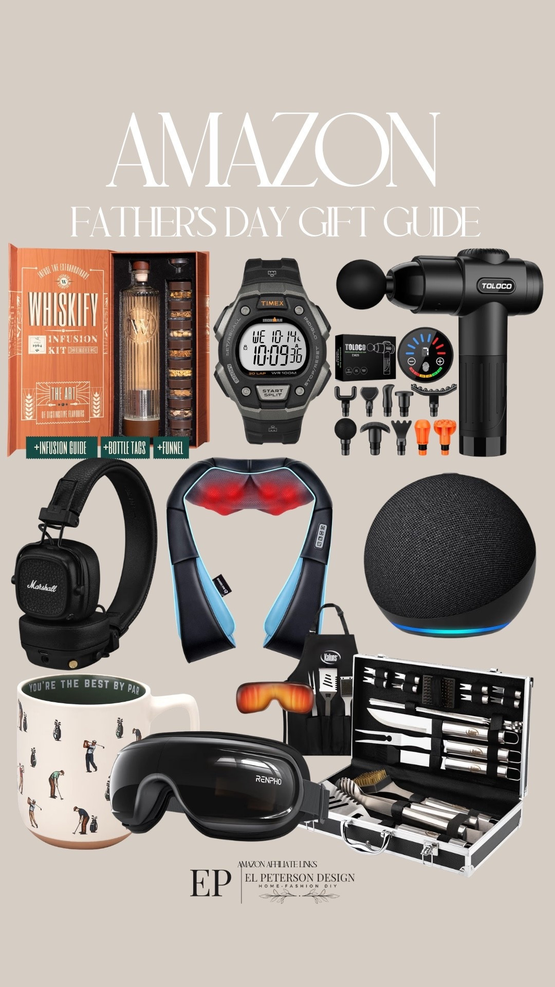 Amazon 
Fathers Day Gift Guide 
Massager
Whiskey
Watch
Mug
Head set
Grill set