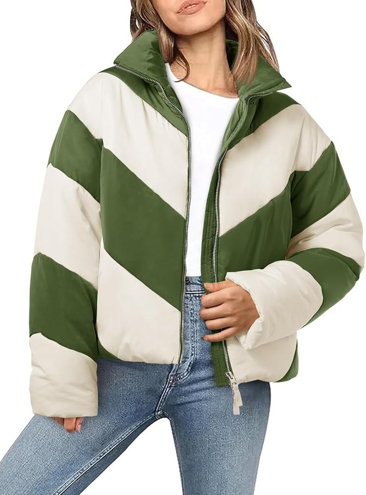 Tankaneo Womens Winter Cropped Puffer Jacket Color Block Zip Up Puffy Down Coats Oversized Outerw... | Amazon (US)