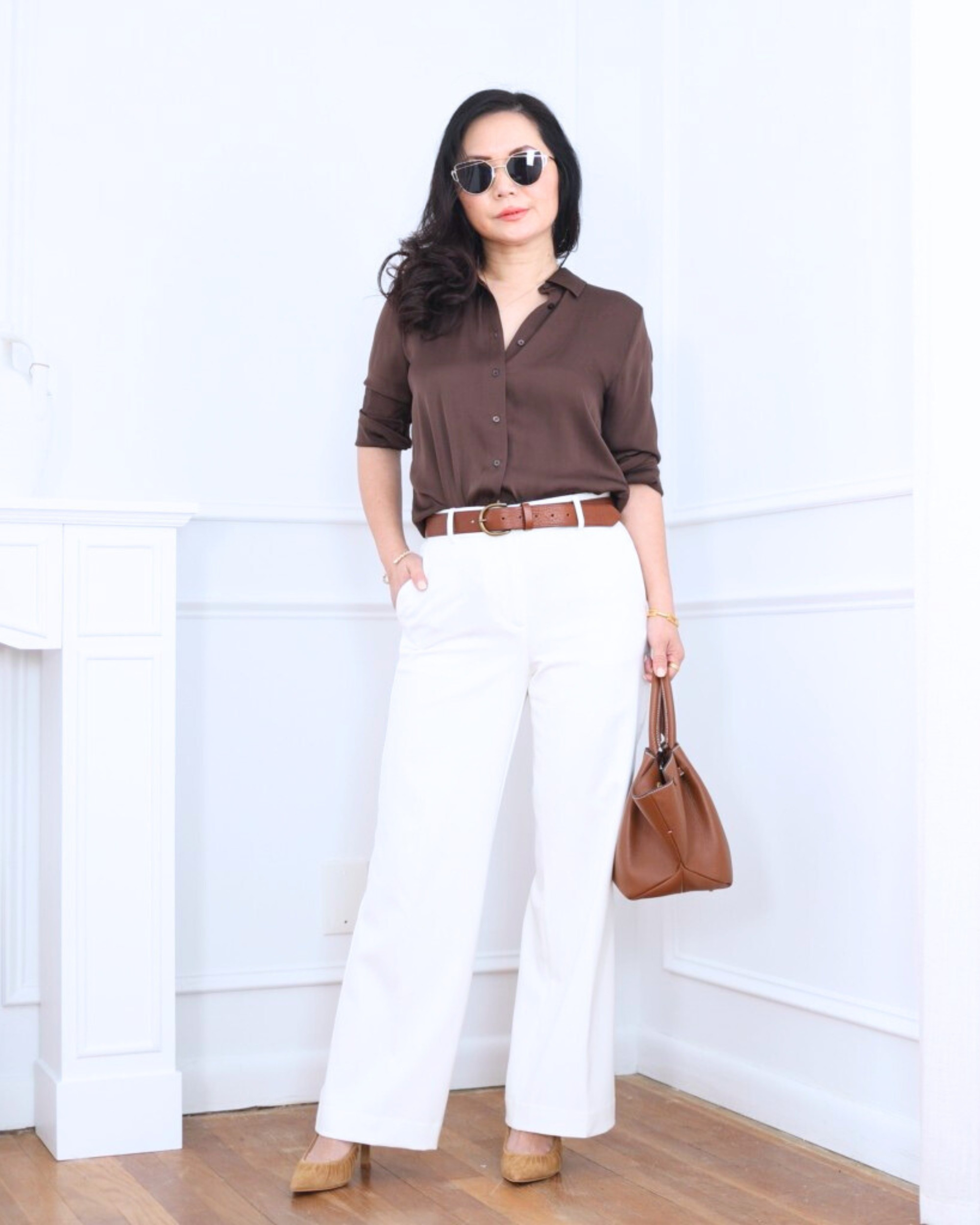Silk shirt from Quince paired with wide-leg pants from Ann Taylor — smooth, tailored, and effortlessly polished for an easy, refined look. I’m 5’2, wearing size XS.

#LTKPetite #LTKootd #LTKOver40