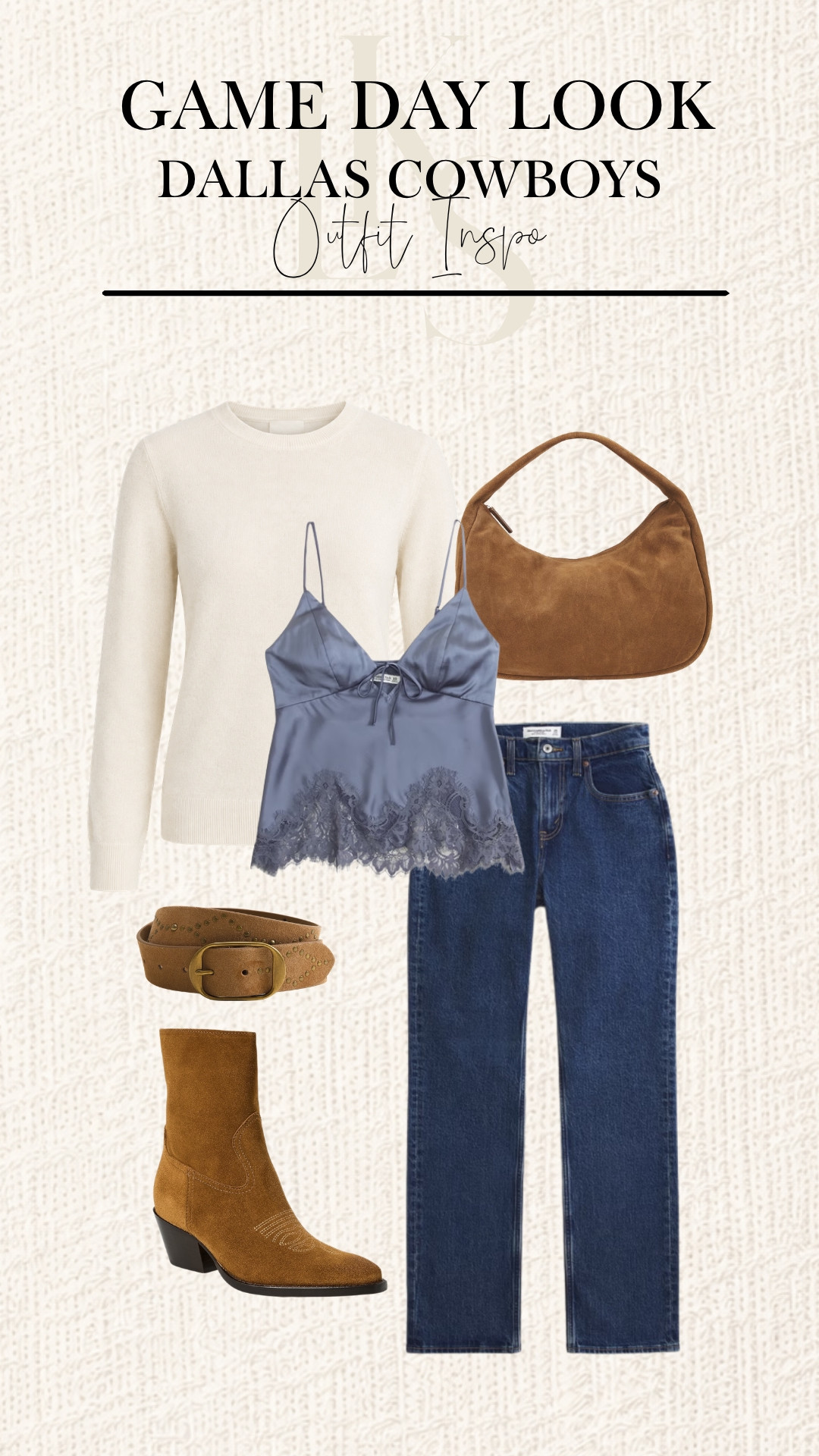 Get the look for game day with classic denim, western-inspired boots, and cozy layered textures 🤎💙 Tap to shop this elevated Dallas Cowboys outfit, perfect for tailgating or cheering from the stands! 

 