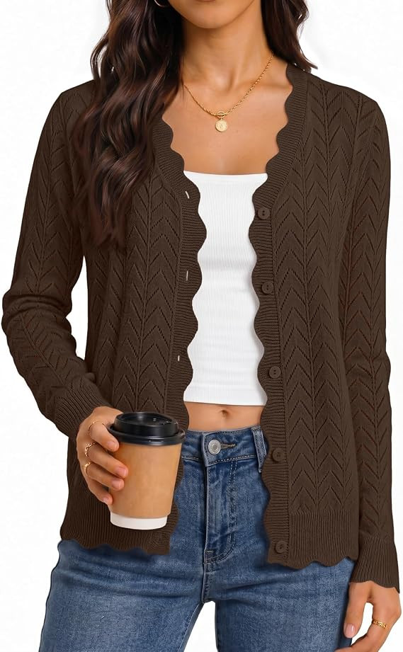 MEROKEETY Women's Fall Long Sleeve Button Front Cardigan Sweater | Open Front, Scalloped V Neck, ... | Amazon (US)