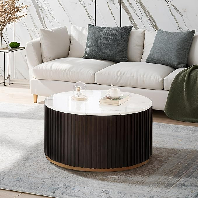 Round Wood Coffee Table with Marble Lid ＆ Hidden Storage, Modern Circle Handcraft Coffee Table ... | Amazon (US)