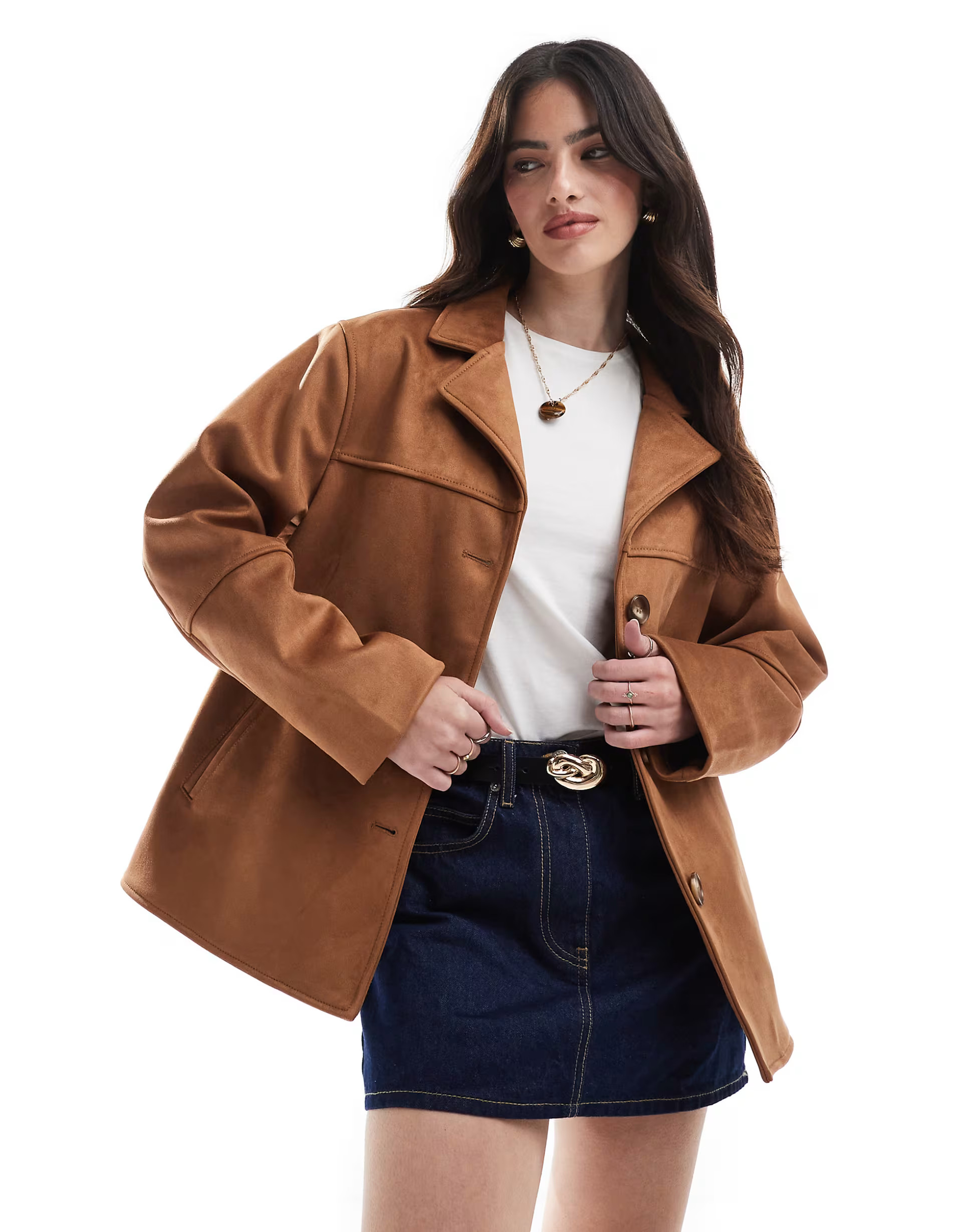 ASOS DESIGN faux suede button front jacket in tan | ASOS | ASOS (Global)