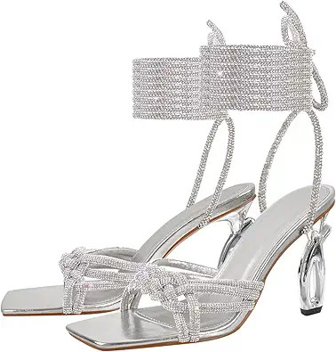LISHAN Lace Up Rhinestone Heel Square toe Sandals | Amazon (US)