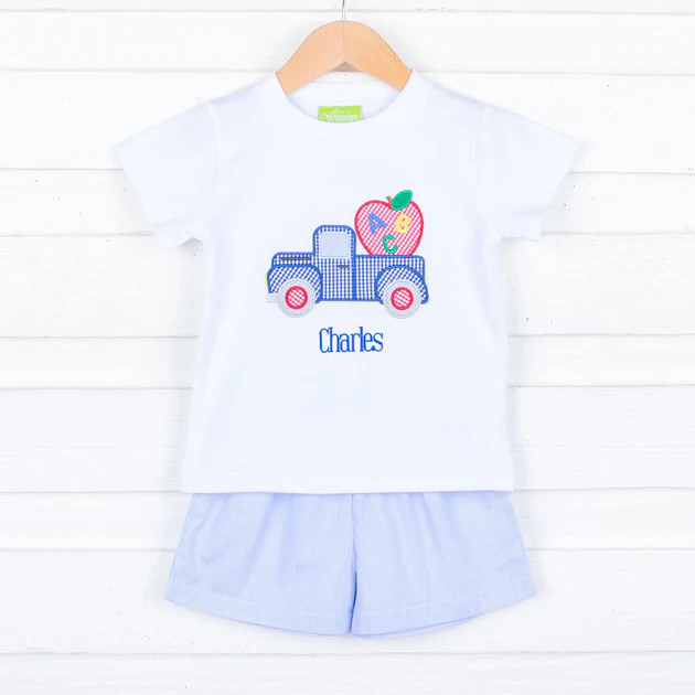 Light Blue Stripe Truck with Apple Short Set | Classic Whimsy