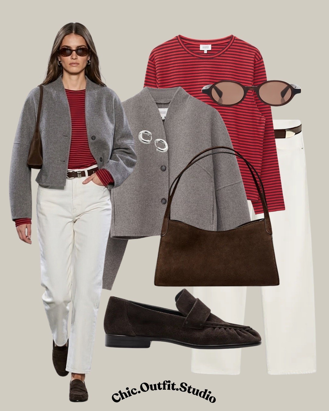 Red Striped Top + Mole Jacket + White Denim | French-Inspired Pre-Fall

✨A red-and-brown striped knit adds the perfect pop of color underneath a softly tailored gray jacket, while white denim keeps the entire look fresh and modern. Brown accessories and loafers warm up the palette and make this an effortless French-inspired pre-fall outfit. 

✨Perfect for work-from-café days, casual office settings, weekend lunches, travel, shopping, or exploring the city. The layering makes it especially easy to adapt as the weather starts to cool.

✨Tags: red striped top outfit, red stripe sweater women, gray jacket outfit women, white jeans outfit women, red and gray outfit, brown loafers outfit women, pre fall layering outfit, French style outfit women, European fashion style, smart casual outfit women, elevated everyday outfit, travel capsule wardrobe, transitional season outfit, casual work outfit women, classic chic style

#LTKautumn #LTKbag #LTKshoes