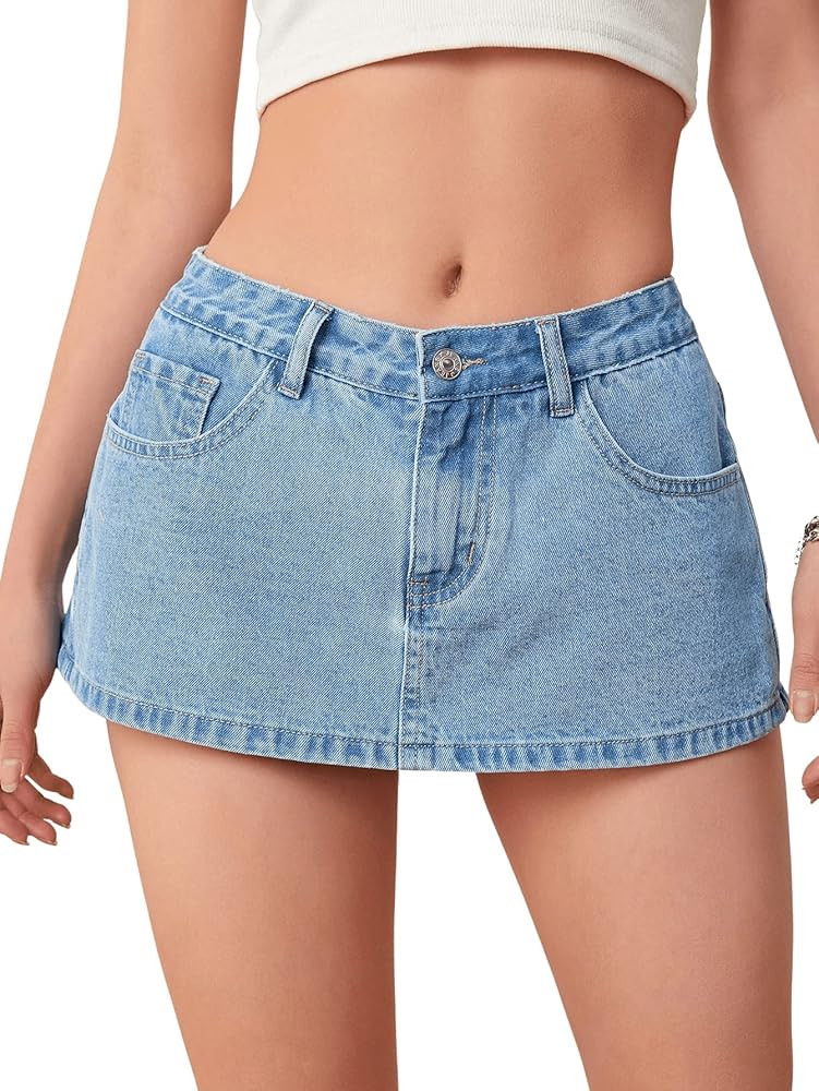 SweatyRocks Women's Low Rise Zip Up Washed Denim Shorts Casual Mini Jean Skort with Pocket | Amazon (US)