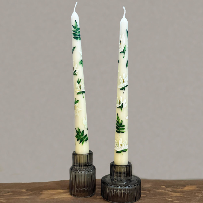 Ivory With Magnolia Floral Hand-Painted Taper Candles, Set Of 2 Candles | Minted