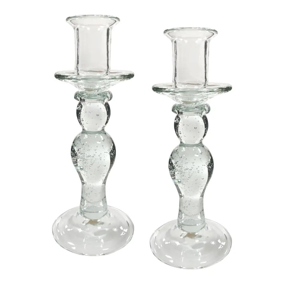 Hand-Blown Clear Thick Glass Candlesticks- a Pair | Chairish