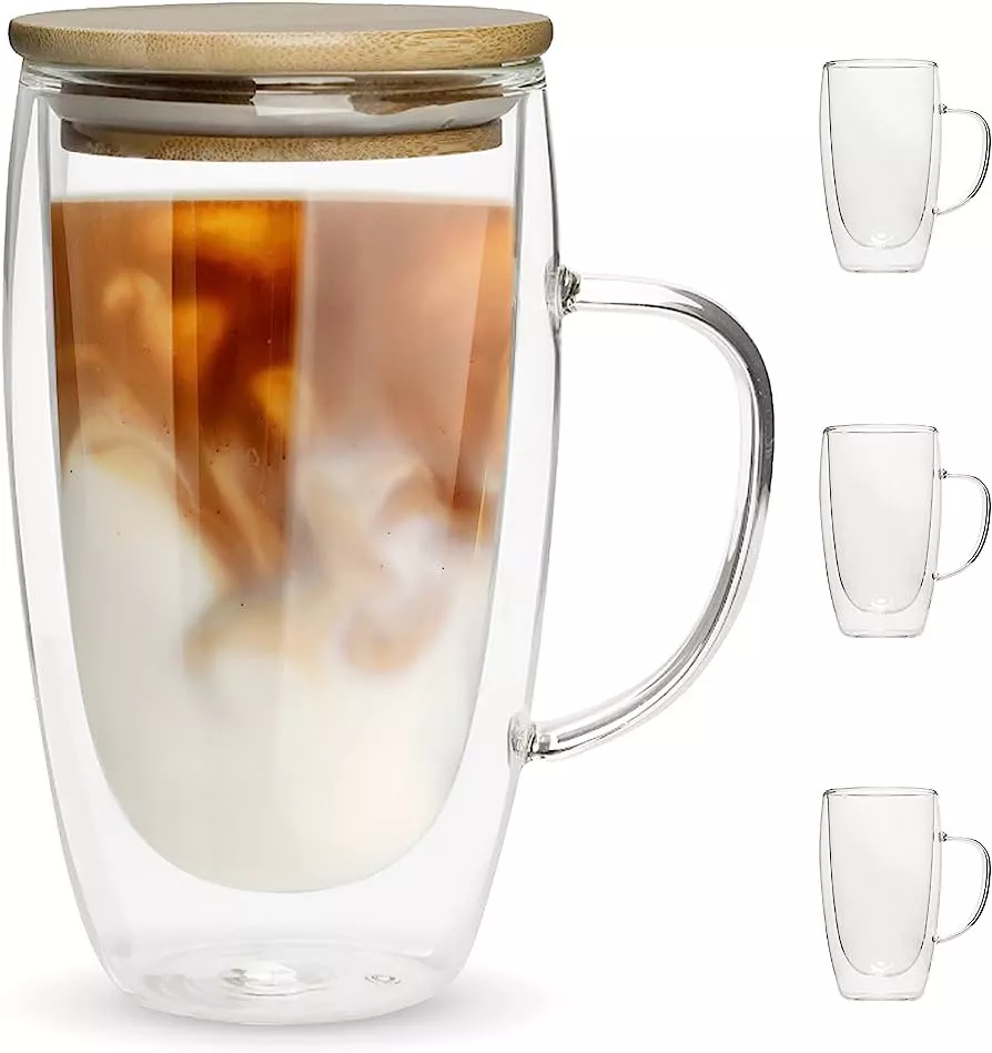 MEWAY 16oz/6 pack Coffee Mugs, Thickened Clear Glass Double Wall