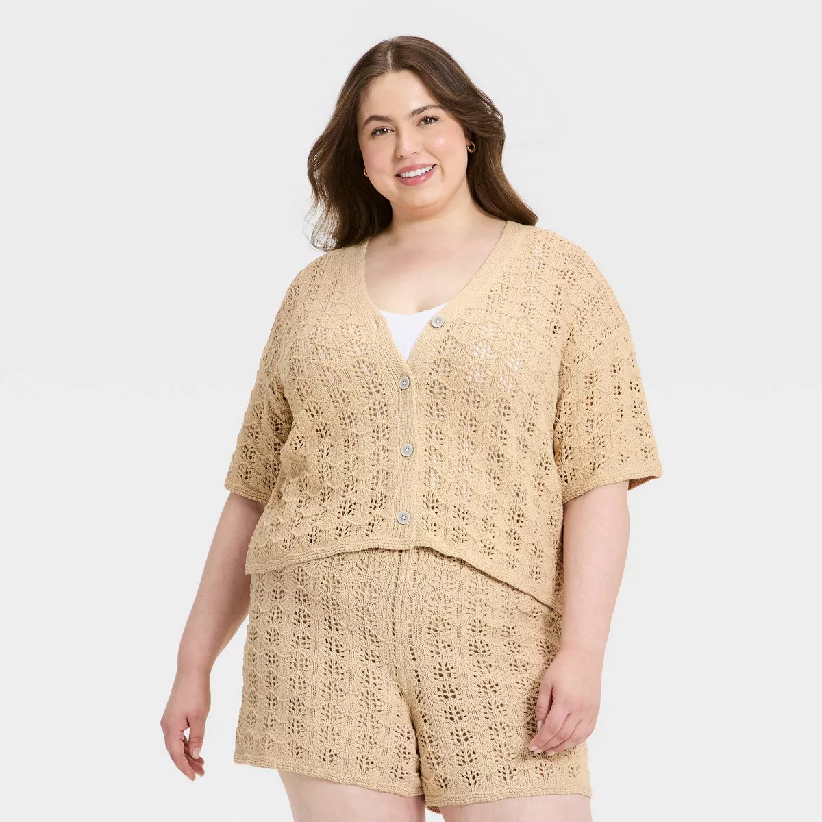 Women's Short Sleeve Cardigan Sweater - Universal Thread\u2122 Tan 3X | Target