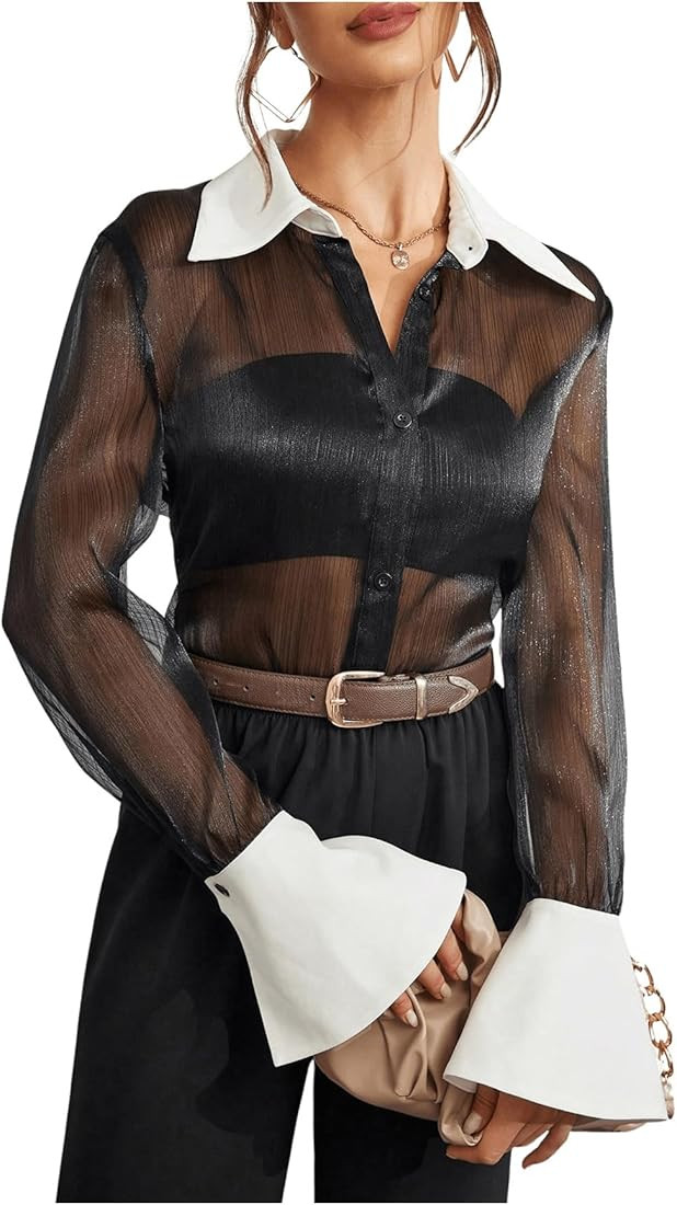 GORGLITTER Women's Sheer Mesh Button Down Shirts Long Bell Sleeve Collared Blouses Top | Amazon (US)