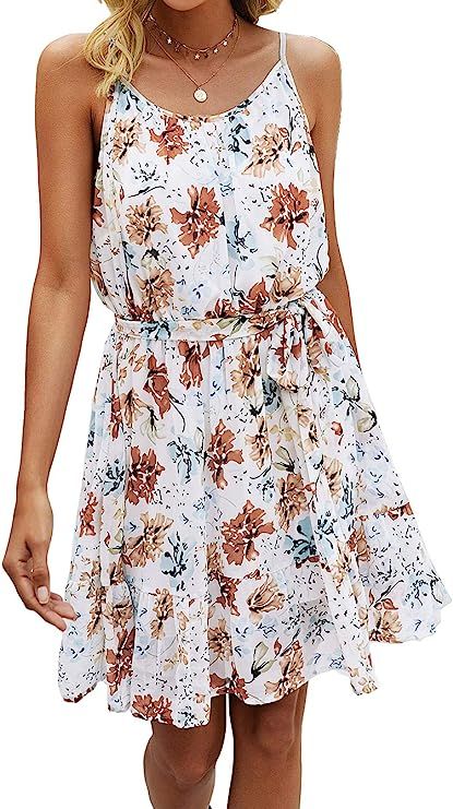 PRETTYGARDEN Women’s Summer Spaghetti Strap Dresses Floral Print Crewneck Sleeveless Ruffle Min... | Amazon (US)