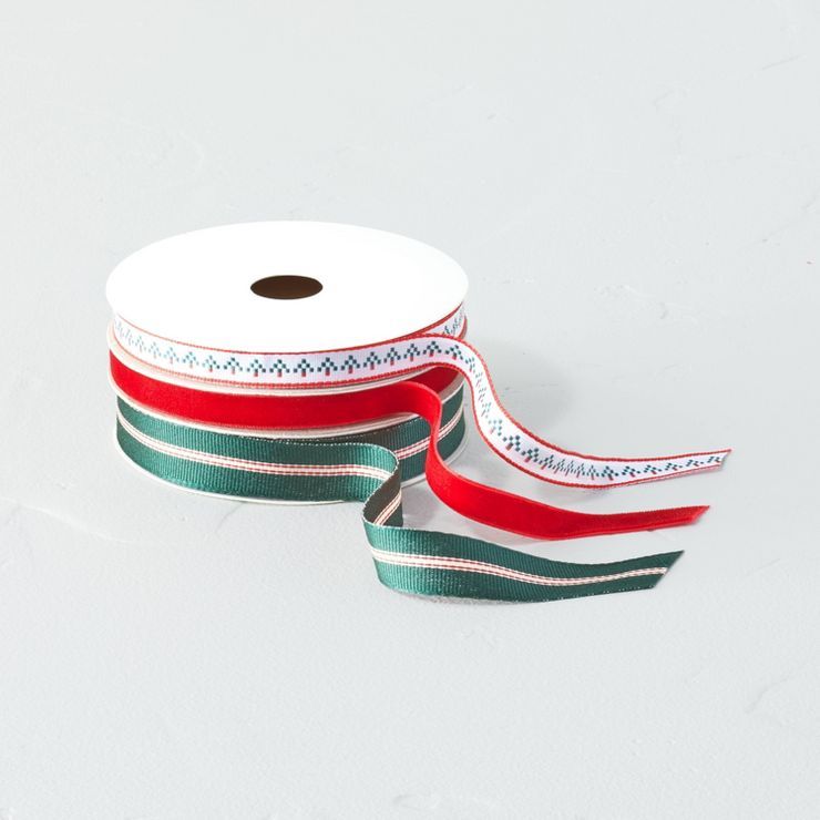 45' Assorted Stripe Woven Gift Ribbon Set Green/Red/White - Hearth & Hand™ with Magnolia | Target