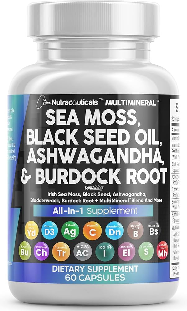 Sea Moss 3000mg Black Seed Oil 2000mg Ashwagandha 1000mg Turmeric 1000mg Bladderwrack 1000mg Burd... | Amazon (US)