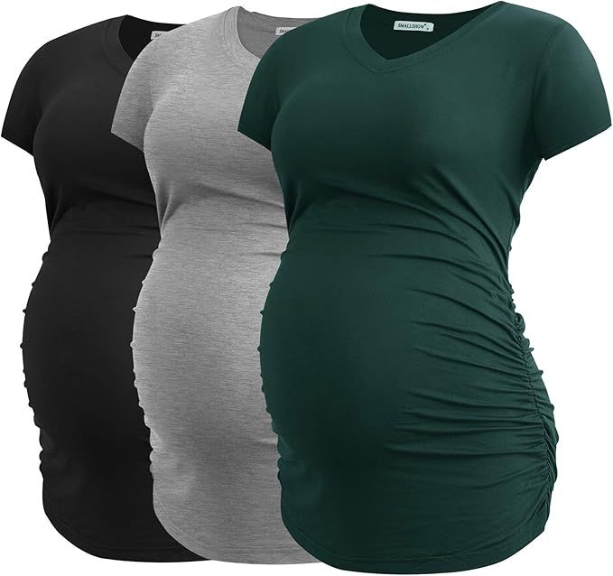 Smallshow Women's V Neck Maternity Clothes Tops Side Ruched Pregnancy T Shirt | Amazon (US)