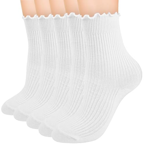COZYOFFI Womens Ruffle Cute Socks: 5 Pairs Lettuce Edge Socks - Crew Mid Calf Socks Pairs with Sneakers White | Amazon (US)