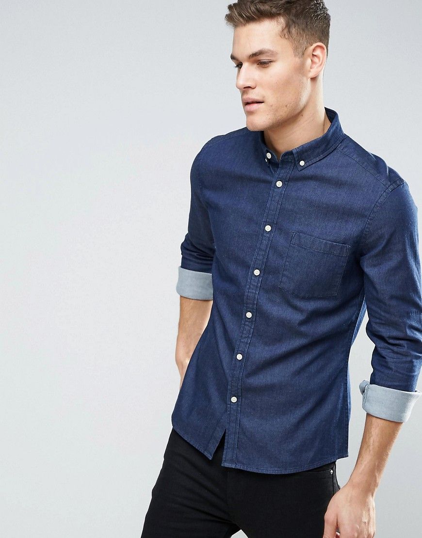 ASOS Stretch Slim Denim Shirt Rinse Wash - Navy | ASOS US