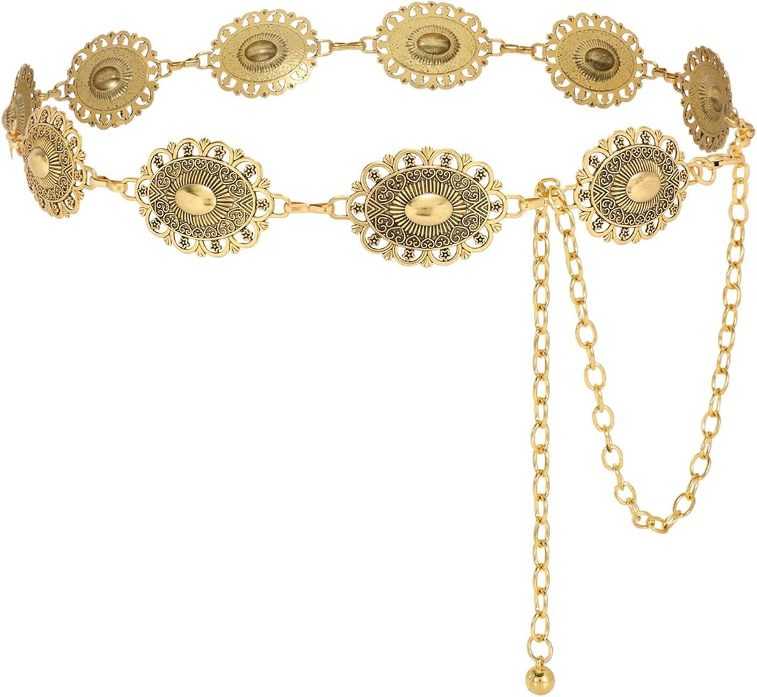 SANSTHS Women Western Metal Chain Belt Cowgirl Waist Chain Belt for Dresses Jeans Concho Gold Cha... | Amazon (US)