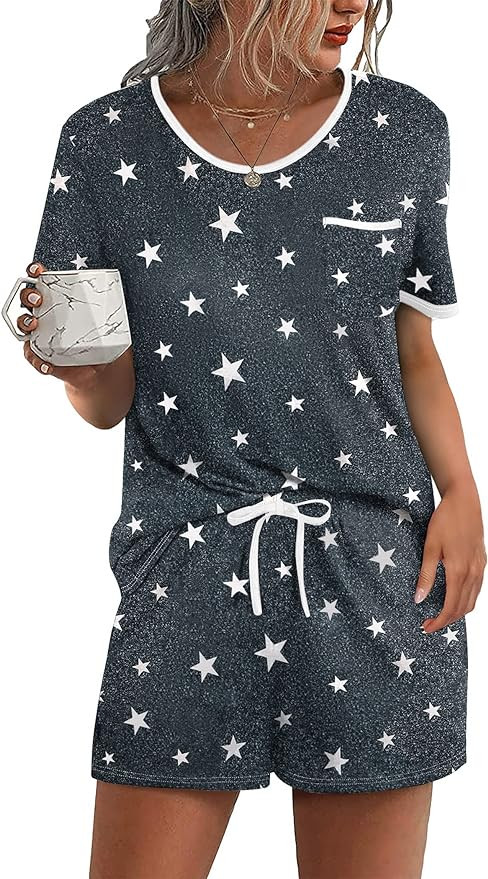 Ekouaer Pajama Set for Women 2 Piece Lounge Set Short Sleeve Tops and Shorts Soft Sleepwear, Ches... | Amazon (US)