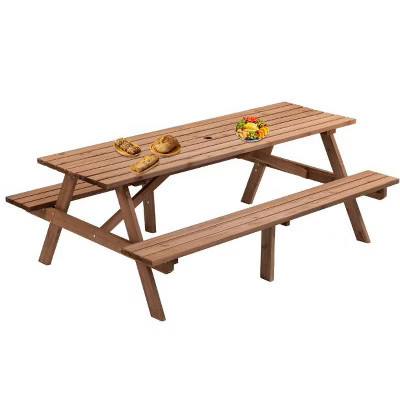 75" Wood Picnic Table with 2 Benches & Umbrella Hole, Burr-Free Fir Frame, Outdoor Dining Table for 8, All-Weather Park Table | Target