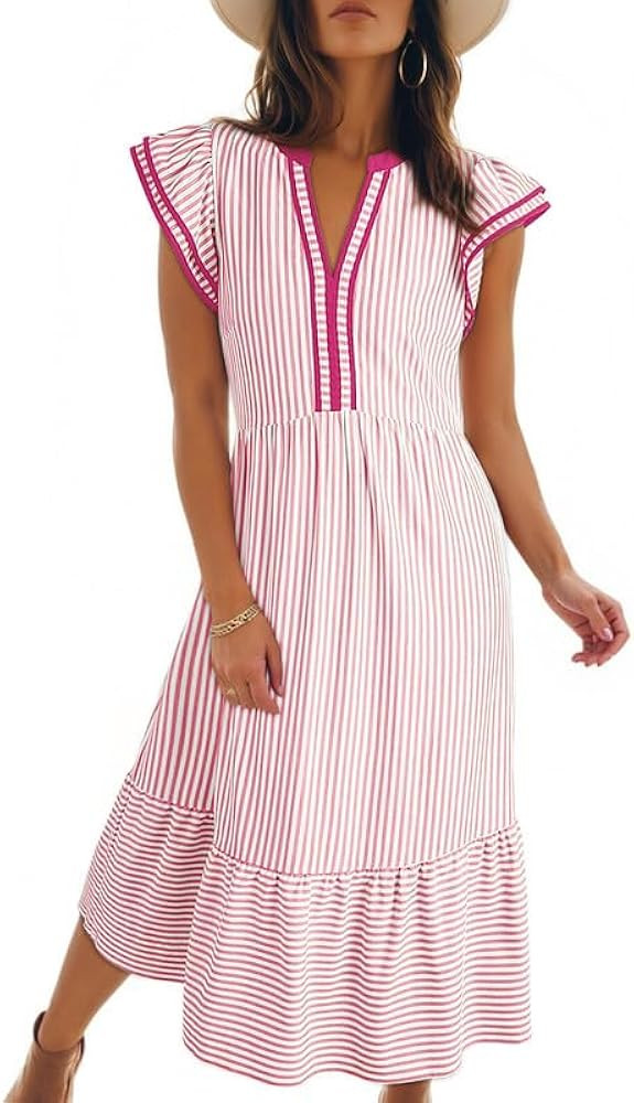 Dokotoo Womens Dresses 2026 Summer V-Neck Ruffle Cap Sleeve Empire Waist Flowy Striped Beach Midi... | Amazon (US)