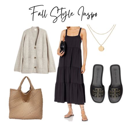 Fall outfit Inspo with cardigan over a maxi dress woven bag Tory Birch slides 