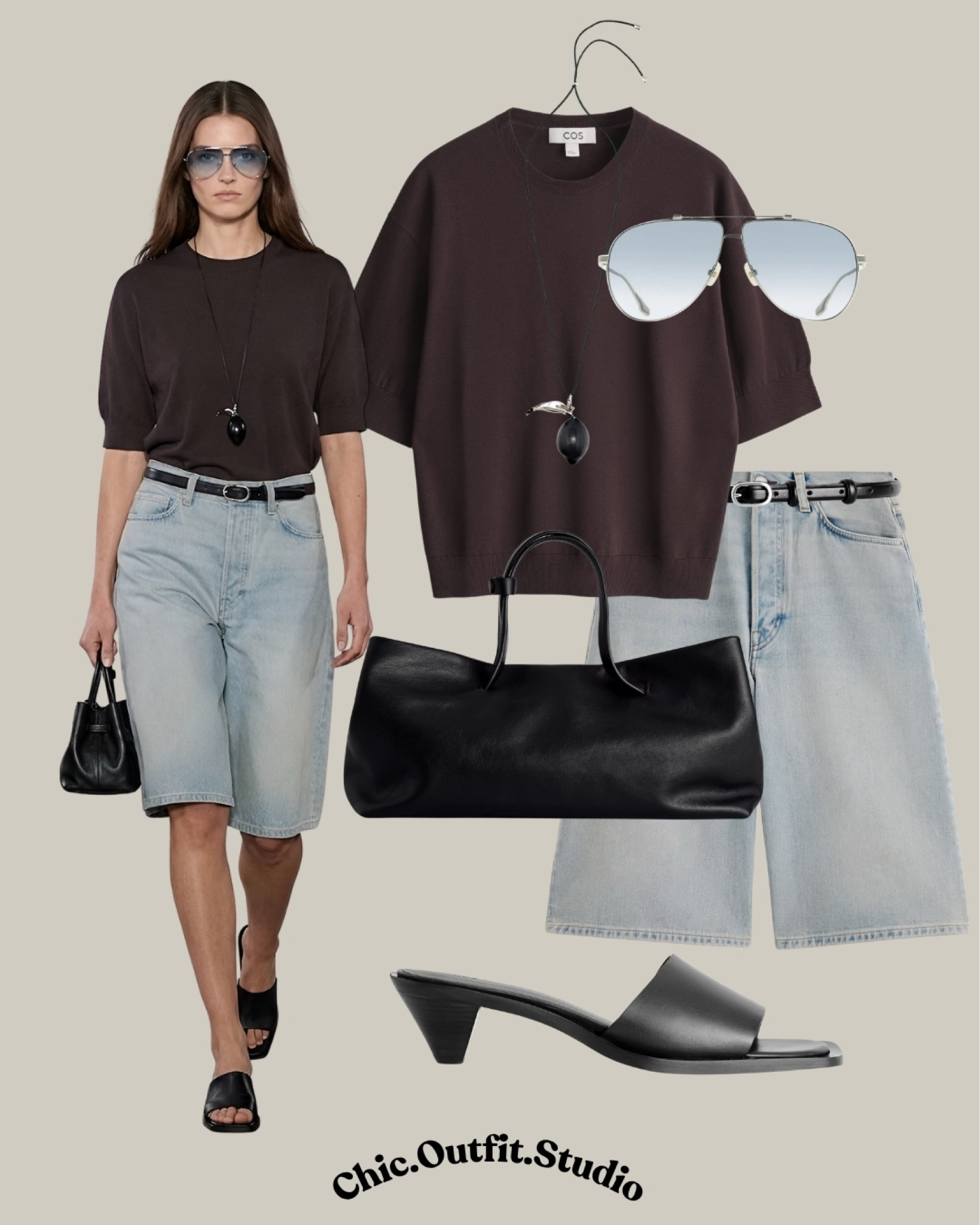 Minimalist Chocolate Brown Top & Bermuda Shorts Outfit for Summer
 💫This dark chocolate brown oversized knit tee styled with relaxed light wash denim bermuda shorts creates a clean minimalist summer outfit with a modern Scandinavian feel. The monochrome-inspired palette paired with sleek black leather accessories and silver details makes this look feel effortlessly elevated while staying comfortable and wearable. 💫Perfect for warm city days, travel outfits, casual office styling, museum visits, airport looks, or chic weekend errands. The longer denim shorts silhouette adds a trend-forward touch while keeping the outfit relaxed and refined.
💫Tags: brown oversized tee outfit, denim bermuda shorts women, minimalist summer outfit, Scandinavian fashion women, casual chic outfit summer, oversized t shirt outfit women, elevated casual basics, relaxed luxury outfit, denim bermuda styling, quiet luxury summer look, neutral outfit aesthetic, European minimalist style, classy casual outfit women, black leather accessories outfit, smart casual everyday look, city summer outfit women, clean girl fashion outfit, effortless chic summer style, trendy bermuda shorts outfit

#LTKsummer #LTKbag #LTKjeans
